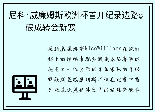 尼科·威廉姆斯欧洲杯首开纪录边路爆破成转会新宠