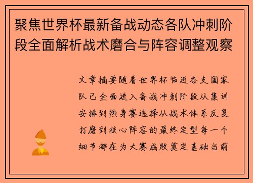 聚焦世界杯最新备战动态各队冲刺阶段全面解析战术磨合与阵容调整观察